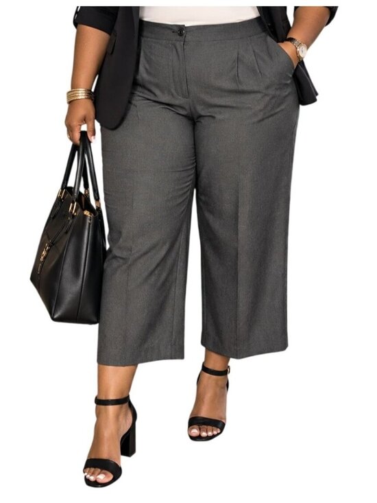 Avenue Pants - Avenue Plus Size 18 Pants Cropped Wide-Leg Gray Stretch Blend Office Casual Chic